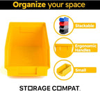 50 Pack Small Storage Bin, Wall Mount Storage, Hanging and Stacking Bin, Freestanding | 7” x 4” x 3” Plastic Container | Yellow | Zeus 1PLZ05 | StorageCompat.