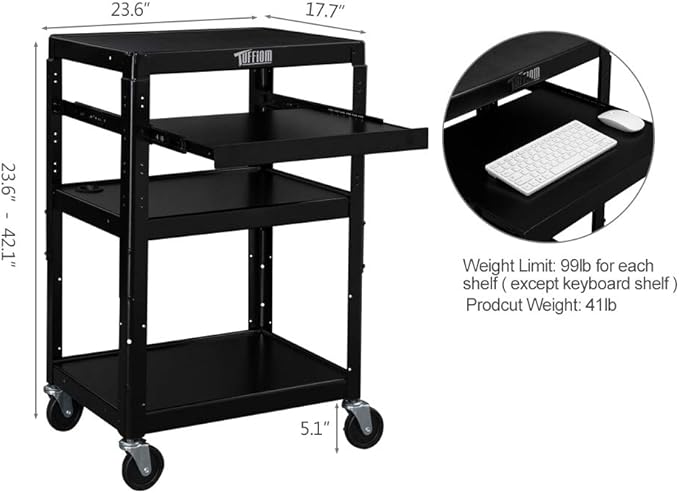 TUFFIOM AV Presentation Cart for Video Projector Laptop Computer, Mobile Workstation Utility Media Cart for School Classroom Office, Rolling Storage Stand with Keyboard Shelf