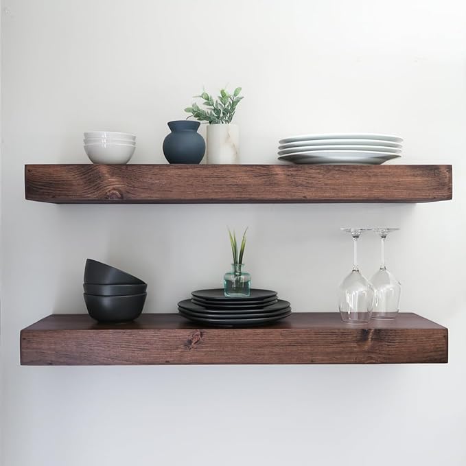 Urbandi Modern Floating Shelves 3 Inches Thick for Wall, Wide Shelves for Kitchen, Living Room, Bedroom, and Bathroom, Natural Pine Wood, Rustic Wooden Shelf, (Set of 2) (Provincial, 24Lx3Hx8D)