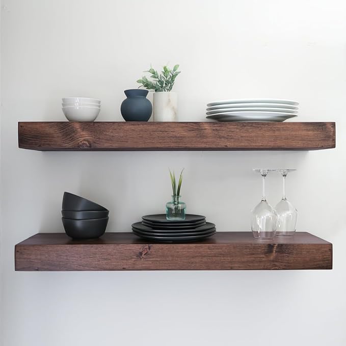 Urbandi Modern Floating Shelves 3 Inches Thick for Wall, Wide Shelves for Kitchen, Living Room, Bedroom, and Bathroom, Natural Pine Wood, Rustic Wooden Shelf, (Set of 2) (Provincial, 60Lx3Hx8D)