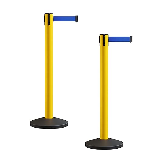 Crowd Control Warehouse CCW Series RBB-150 - Set of 2 Stanchion Retractable Belt Barriers - 16 Foot, Blue Belt with Yellow Post - Easy Assembly