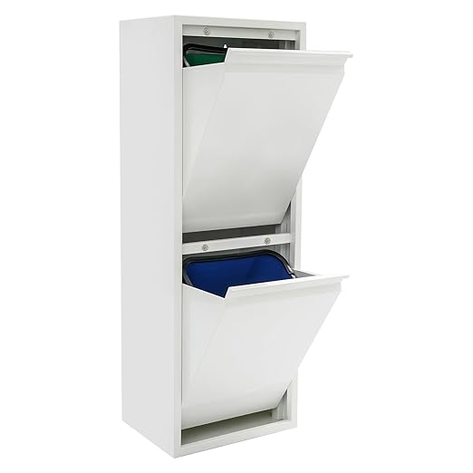 Recycling Trash Cabinet with 2 Bins & Tilt-Out Door – 15-Gallon Stainless Steel Organizer for Kitchen, Garage – Dual Waste Sorting System for Homeowners (White)
