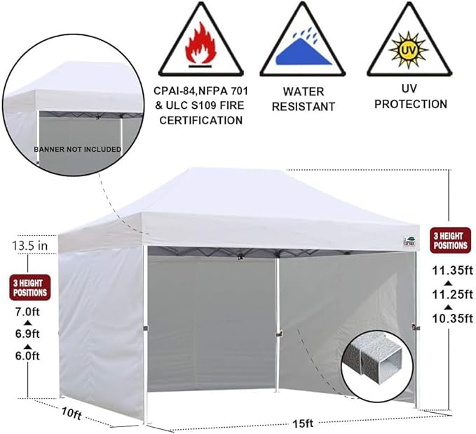 Eurmax USA 10'x15' Pop-up Canopy Tent Commercial Instant Canopies with 4 Removable Zipper End Side Walls and Roller Bag, Bonus 4 SandBags(Yellow)