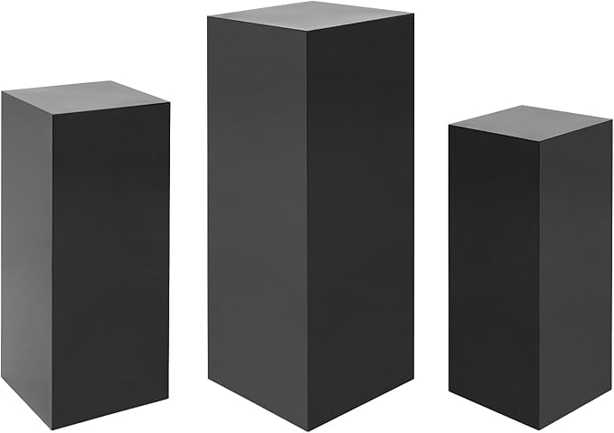 OUKANING 3 PCS Metal Display Pedestal Stands, Square Black Display Stands Pillars, Decoration Cube Sculpture Display Column for Wedding Party Baby Shower Birthday, H31.49'', 25.59'', 23.62''