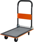 Orange Folding Platform Hand Truck 330 lbs Capacity, Heavy Duty Steel Flatbed Dolly with 360° Silent Wheels, Foldable Push Cart for Warehouse, Home, and Office Use