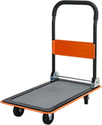 Orange Folding Platform Hand Truck 330 lbs Capacity, Heavy Duty Steel Flatbed Dolly with 360° Silent Wheels, Foldable Push Cart for Warehouse, Home, and Office Use