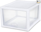 Sterilite 8-Pack 27 Quart Stacking Drawer, Clear Storage Closet Organizer, White Frame - Stackable Modular Plastic Drawers for Clothes, Accessories, Craft Supplies, Shoes or Linens