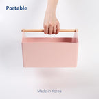 BLUE GINKGO Medium Storage Basket – Plastic Caddy with Wooden Handle for Office, Arts & Crafts, or Home Supplies (Pink)
