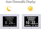 TMC 8 Inch Digital Dementia Clock for Seniors – Large Auto-Dimming Display with Date & Time, Multi-Language Calendar, 5 Alarms + Medicine Reminders – Wall or Desk Mount, Built-in Stand (White, SD)