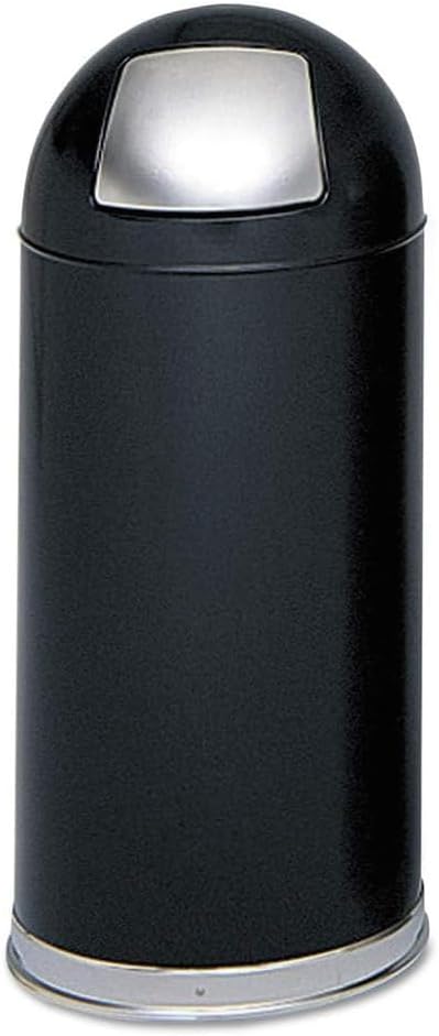 Safco Push Door Dome Top Trash Can, 15 Gallon Stainless Steel Garbage Can for Indoor Use, Black