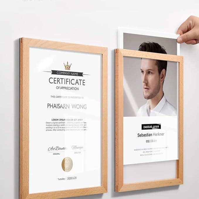 Wall Mount Acrylic Sign Holder Self Adhesive Magnetic Display Frame Clear Document Frame for Office, Store, School, Home, Wall Picture Frame (Sapele Wood A4 210×297mm/8.27×11.69inches)