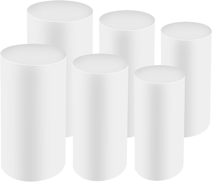OUKANING 6 PCS Metal Display Pedestal Stands, White Cylinder Display Stands Pillars, Decoration Cube Sculpture Display Column for Wedding Party Baby Shower Birthday, H27.56'', 26'', 23.62''