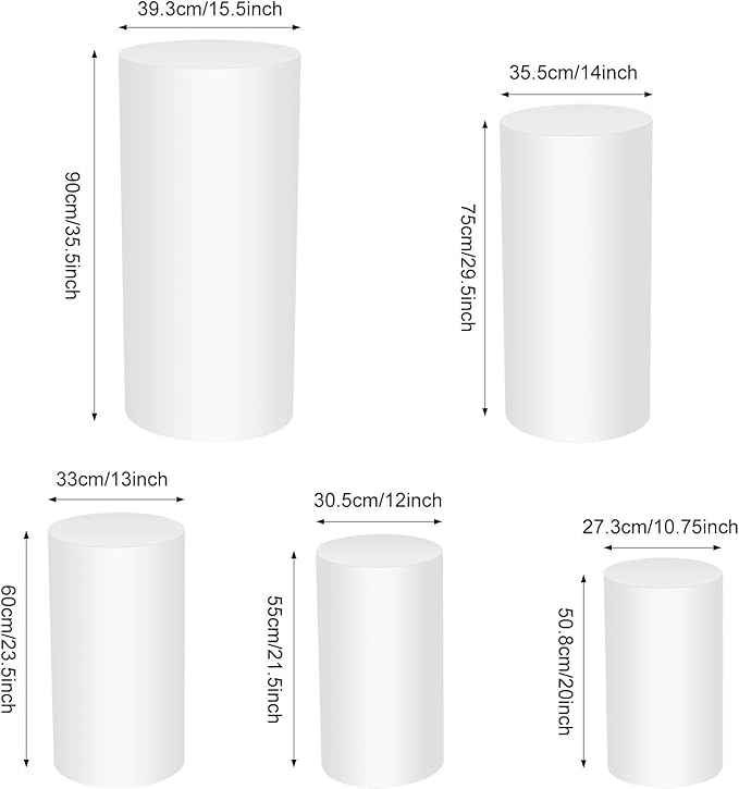 5 Pcs Metal Pleated Cylinder Pedestal Stands for Party, Cylindrical Dessert Display Stands, for Wedding Birthday Party 20'', 21.5'', 23.5'', 29.5'', 35.5'' H