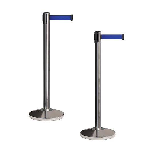 Crowd Control Warehouse CCW Set of 2 Retractable Belt Barriers Stanchion, Polished Stainless Steel Post, RBB-100 (7.5 Foot Belt, Dark Blue Belt)