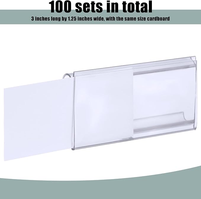 Kathfly 100 Pcs Plastic Wire Shelf Label Holder, Sign and Ticket Holder Clips with Paper Insert Area 3"x1.25" Compatible with Metro 1-1/4 Inch Shelves, Label Inserts Included