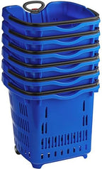 Plastic Shopping Basket with Wheels, Blue, 21.25 x 16.5 x 18.5 Inch, 45 lb Capacity, Stackable, Telescopic Handle
