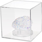 3 Pegs Round Display Easel Stands with Transparent Acrylic Box, Multiple Decoration Storage Case, Small Items Stands for Displaying Collectible Stone Rock Mineral Geodes (Medium-4x4x4in, 1Pcs)