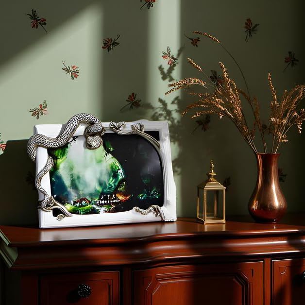 Decorative Snake Resin Picture Frame - 5x7 Inch Tabletop Photo Display with Mother & Baby Snake Design, Silver Wildlife Home Decor Art