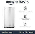 Amazon Basics Smudge Resistant Rectangular Trash Can With Soft-Close Foot Pedal, Brushed Stainless Steel, 30L/7.9 Gal, 13.8x11.8x25 in, Satin Nickel Finish
