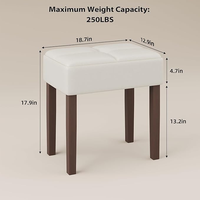 Two Leather Vanity Stool, 18.7 Inch Wide Rectangle Ottoman Bench for Makeup Room, A Set Vanity Chair with Wood Legs for Piano Room, Bedroom,Living Room with Customizable (Cream)
