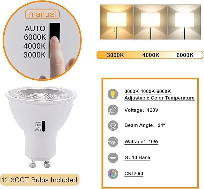 12PCS Dimmable LED White Track Lighting Heads (No Track Rails) with Dedicated Dimmer,Replaceable GU10 Bulbs,Switchable 3CCT Ceiling Spotlight Fixtures for Accent Lighting for Home,Store & Mobile Cart