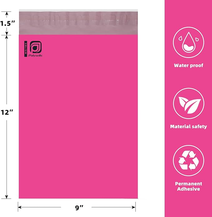 POLYSELLS 1000 pcs 9x12 Inches Pink Poly Mailers Shipping Envelopes, Strong Adhesive Sealing, Waterproof, and Tear-resistant Postal Mailing Bags for Clothing, Books, and Accessories