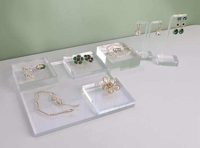 GemeShou Acrylic earring display risers for selling, Transparent jewelry display riser stand, clear ring riser tray for boutique store selling, Jewelry photo props【3.15 L x3.15 W x0.39 H inch 2pcs】