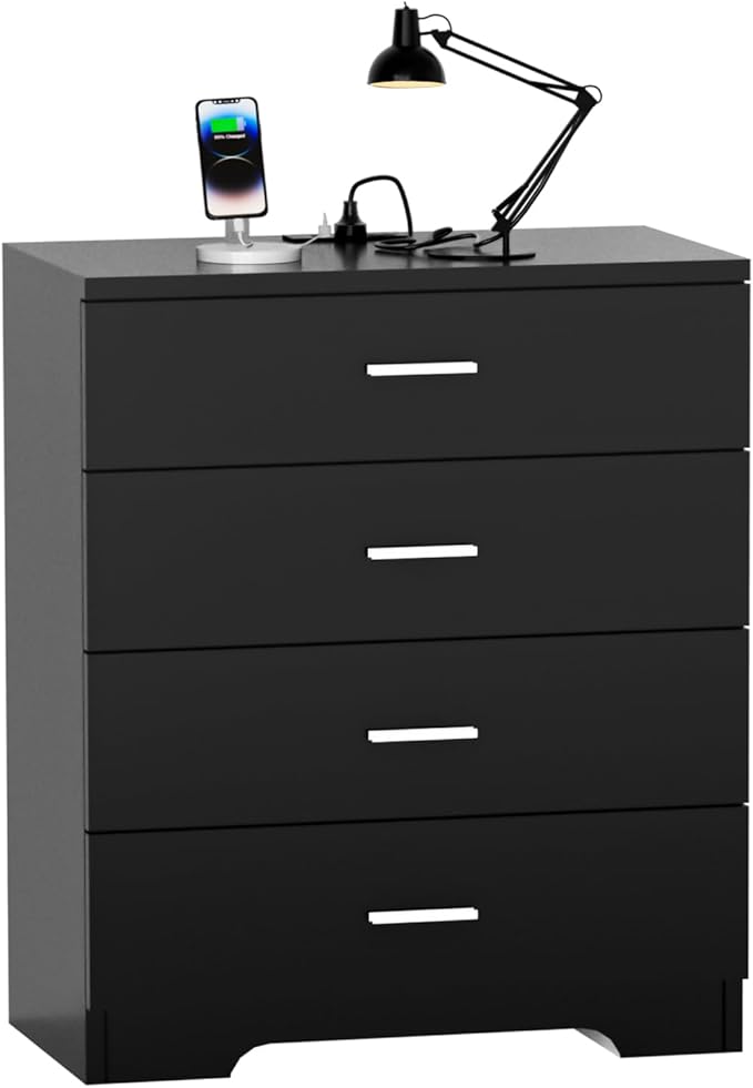 Dresser with Power Outlets Wooden 4 Drawer Dresser with USB and Type C Port Chest of Drawers for Bedroom Tall Black Organizer Storage for Living Room Hallway Closet