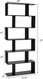 Tangkula 6 Tier S Shaped Bookshelf, 31.5''L x 9''W x 75''H, Wooden Bookcase and Bookshelves w/Anti-Toppling Device, Room Divider Display Shelves for Living Room, Home Decor, 6 Shelf Bookshelf