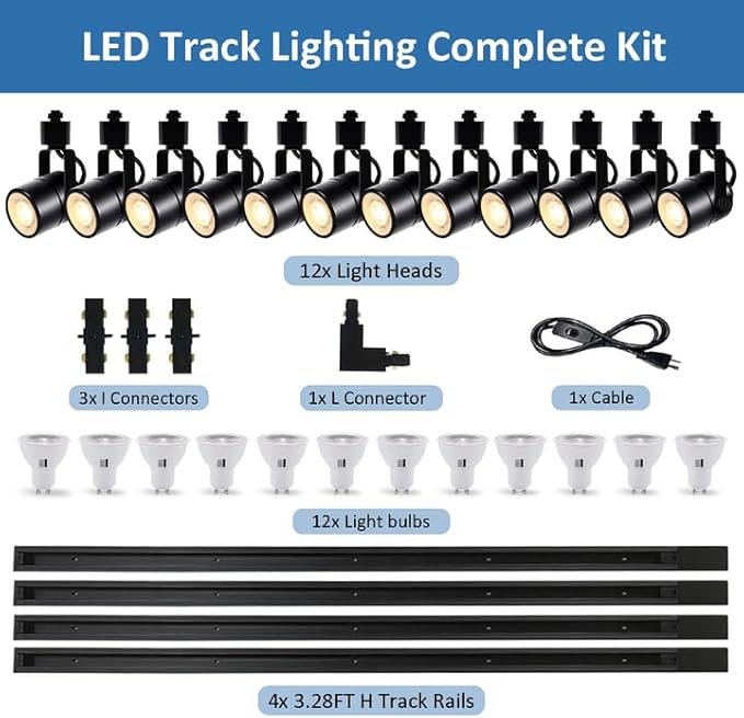 LED Track Lighting Kit, 3CCT 10W Track Lights Heads 3000K/4000K/6000K Adjustable with 13.1FT H-Type Track Light Rails 12PCS Ceiling Spotlight Fixture with Replaceable GU10 Bulbs