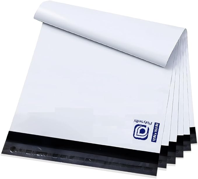 POLYSELLS 100 Pack 12x15.5 Inch White Poly Mailers Shipping Envelopes, Strong Adhesive Sealing, Waterproof, and Tear-resistant Postal Mailing Bags for Clothing, Books, and Accessories
