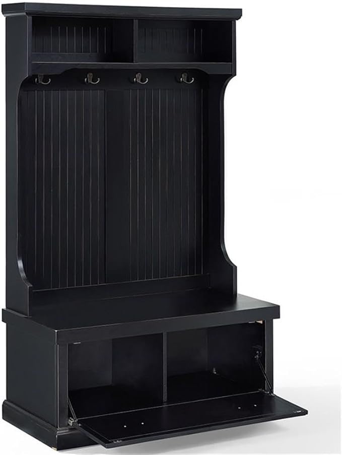Pemberly Row Tall Entryway Hall Tree with Storage Bench in Distressed Black