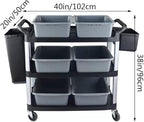 Plastic Service Utility Cart with Wheels, 550lbs Capacity, 6 Basin 2 Barrels Multipurpose Rolling 3-Tier Mobile Storage Organizer, for Warehouse Garage Industrial Cart