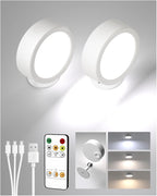 EZVALO LED Wall Mounted Lights, 5500mAh Rechargeable Wall Sconces Lamp, 3 Color Temps & Remote and Touch Control, 360°Rotation Dimmable Cordless Wall Light for Bedroom Reading Study (2 Pack White)