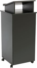 Rolling Wood Podium, 44"H, Locking Wheels, 2 Shelf Open Cabinet, Top Surface with Lip (Black)