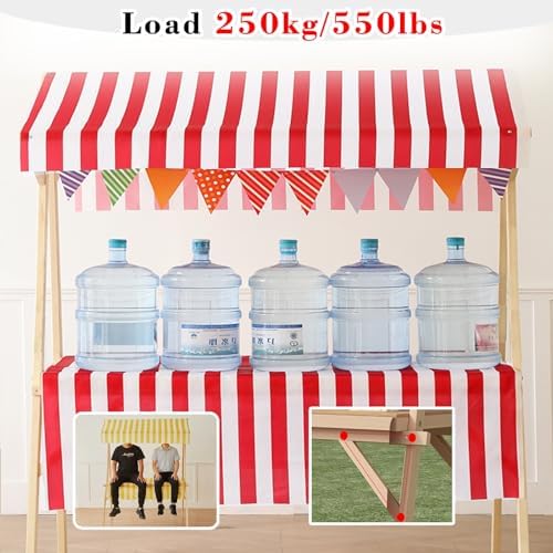 Foldable Wooden Market Stall with Canopy & Tablecloth - Portable Outdoor Concession Booth for Crafts, Gifts, Food & Lemonade - Retail Kiosk Display Stand (Red, 180x60cm/70.9x23.6in)