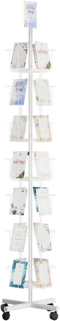 TONGMO 7-Tier Greeting Card Display Rack: 28-Pocket Rotating Countertop Stand for Postcards, Brochures, and Greeting Cards (White, 68.9”H)