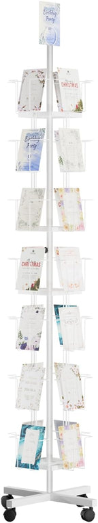 TONGMO 7-Tier Greeting Card Display Rack: 28-Pocket Rotating Countertop Stand for Postcards, Brochures, and Greeting Cards (White, 68.9”H)