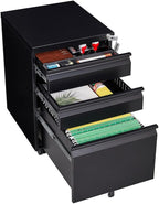 Lispin 3-Drawer Mobile Filing Cabinet with Lock, Office Storage Filing Cabinet of Legal/Letter Size, to be Installation Required (Black + Metal)