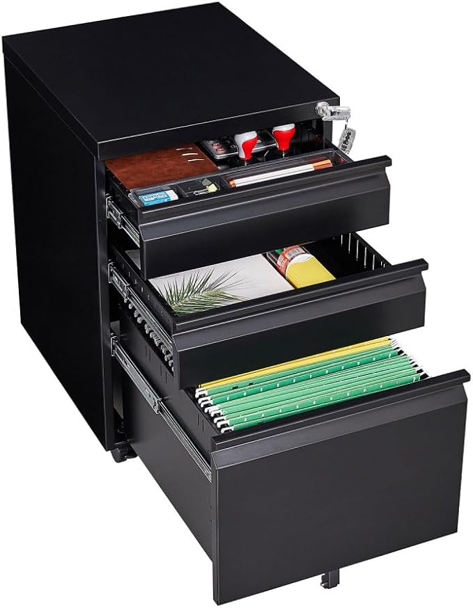 Lispin 3-Drawer Mobile Filing Cabinet with Lock, Office Storage Filing Cabinet of Legal/Letter Size, to be Installation Required (Black + Metal)