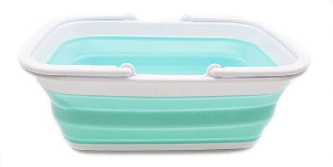 SAMMART 9.2L (2.37Gallon) Collapsible Tub with Handle - Portable Outdoor Picnic Basket/Crater - Foldable Shopping Bag - Space Saving Storage Container (1, White/Lake Green)