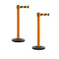 Montour Line MI650 Set of 2 Retractable Belt Barrier Stanchion, Cast Iron Base, Orange Post (16 ft Black and Yellow Diagonal Belt)