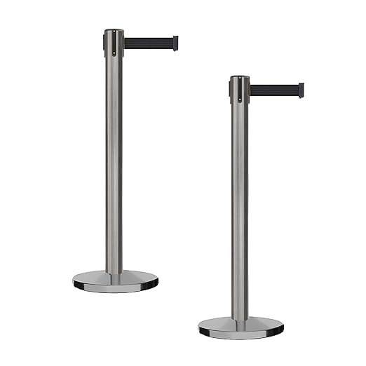 Montour Line MI650 Set of 2 Retractable Belt Barrier Stanchion, Cast Iron Base, Black Satin Stainless Steel Post (16 ft Black Belt)