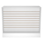 48” W ×20” D × 38” H - Ledge top Checkout Counter with Slatwall Display Front, White Wooden Slat Wall Cash Register Stand,Retail Counter Display