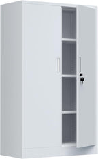 Metal Storage Cabinet with Locking Doors and 3 Adjustable Shelves, Lockable Storage Cabinets for Home Office Garage Kitchen Pantry (White)