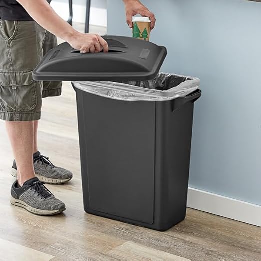 16 Gallon Slim Rectangular Trash Can with Lid, Black, Heavy Duty Plastic, 24.5W x 12.5D x 25H inches
