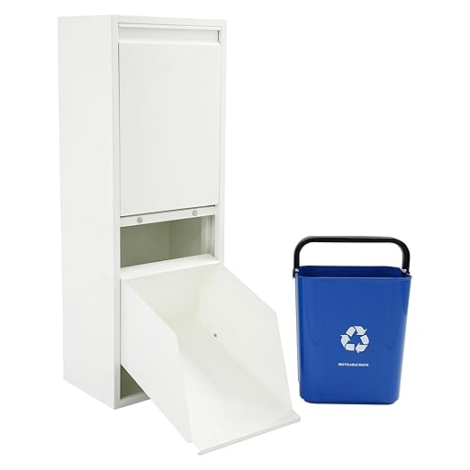 Recycling Trash Cabinet with 2 Bins & Tilt-Out Door – 15-Gallon Stainless Steel Organizer for Kitchen, Garage – Dual Waste Sorting System for Homeowners (White)
