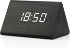 GEARONIC Digital Alarm Clock Wooden Alarm Clock Wood Modern Triangle Alarm Digital Desk Clock, Displays Time Date Temperature Calendar Wood Made Electric Clocks for Bedroom, Bedside - Black