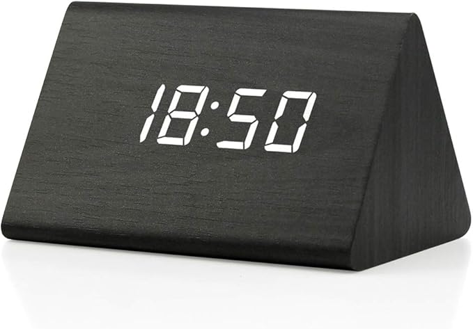 GEARONIC Digital Alarm Clock Wooden Alarm Clock Wood Modern Triangle Alarm Digital Desk Clock, Displays Time Date Temperature Calendar Wood Made Electric Clocks for Bedroom, Bedside - Black