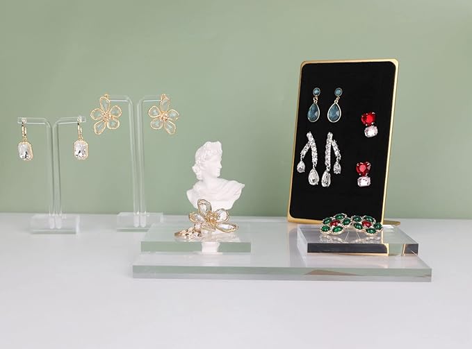 GemeShou Acrylic earring display risers for selling, Transparent jewelry display riser stand, clear ring riser tray for boutique store selling, Jewelry photo props【3.15 L x3.15 W x0.39 H inch 2pcs】